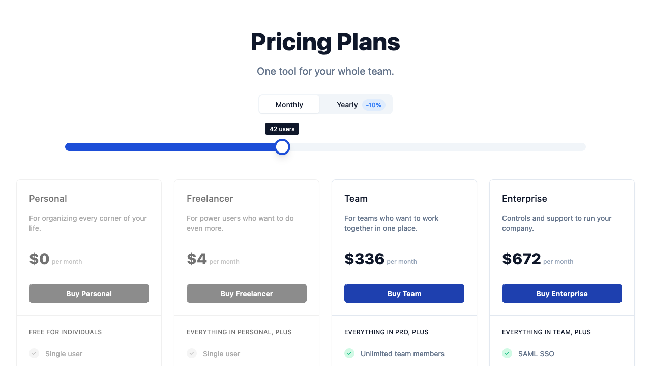 Pricing page with React